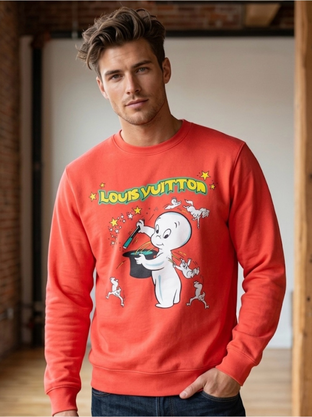 Mega yay Men’s Orange Crewneck Sweatshirt with Graphic